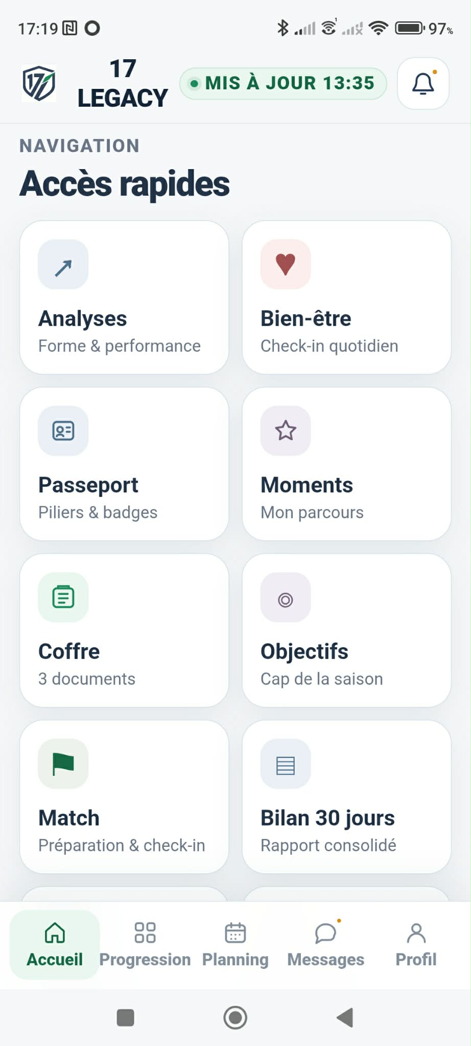 Capture de l’application 17 LEGACY — Accès rapides