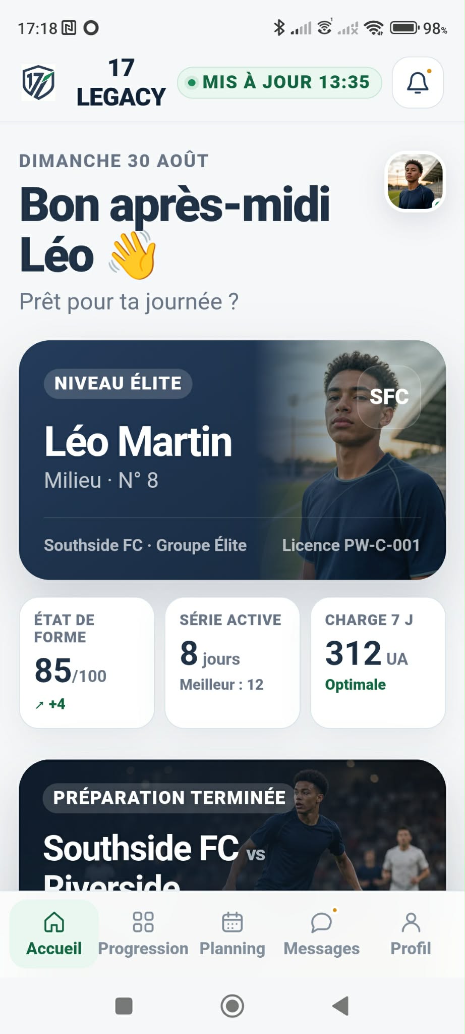 Capture de l’application 17 LEGACY — Accueil joueur