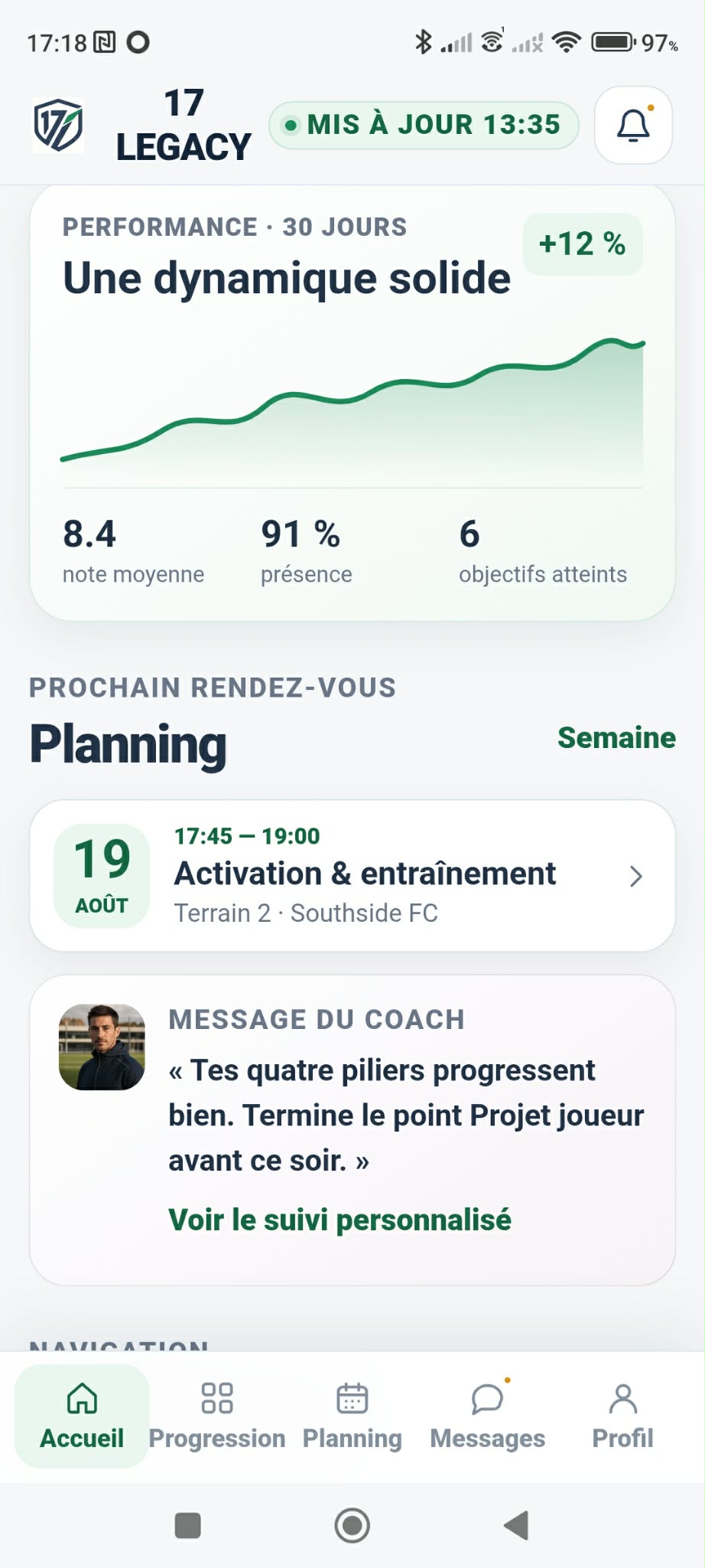 Capture de l’application 17 LEGACY — Bilan 30 jours