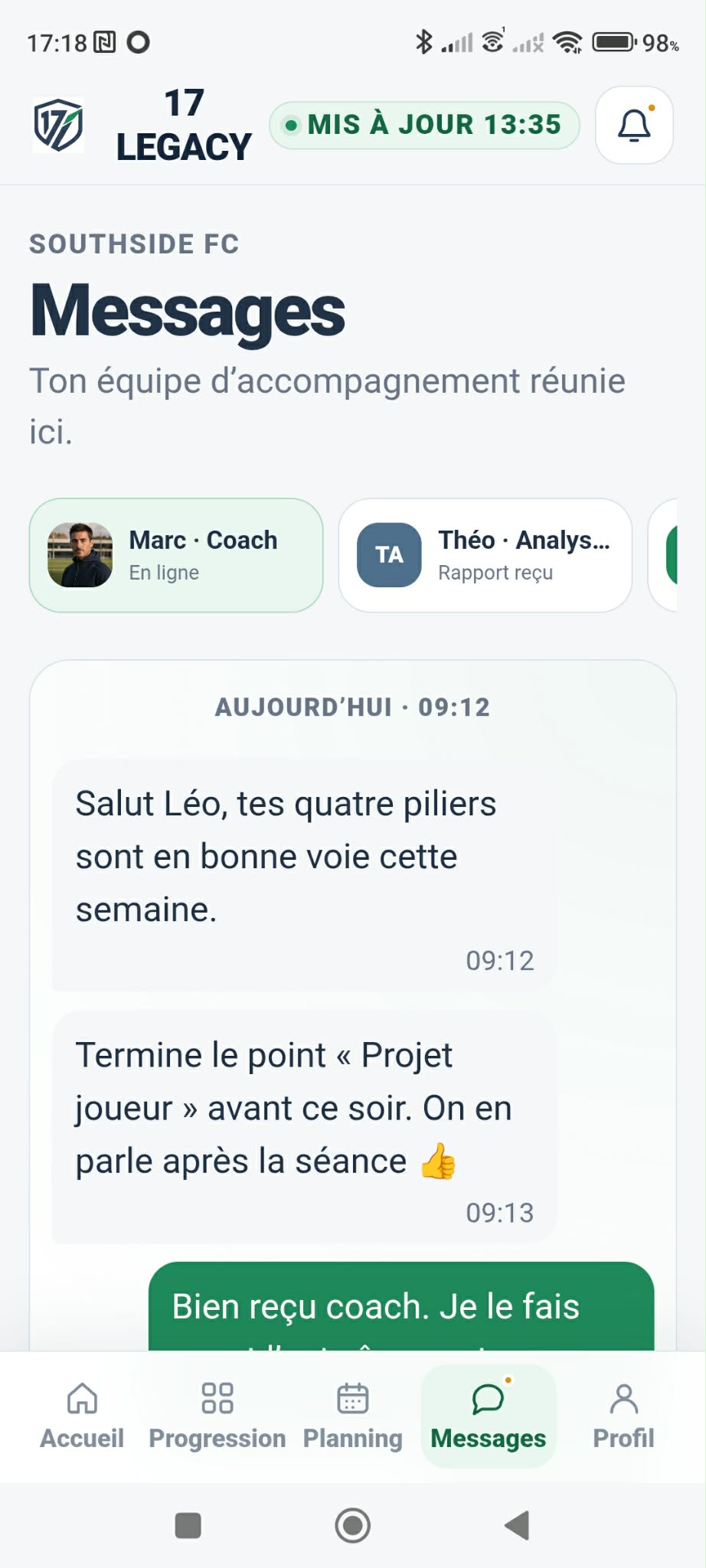 Capture de l’application 17 LEGACY — Messages