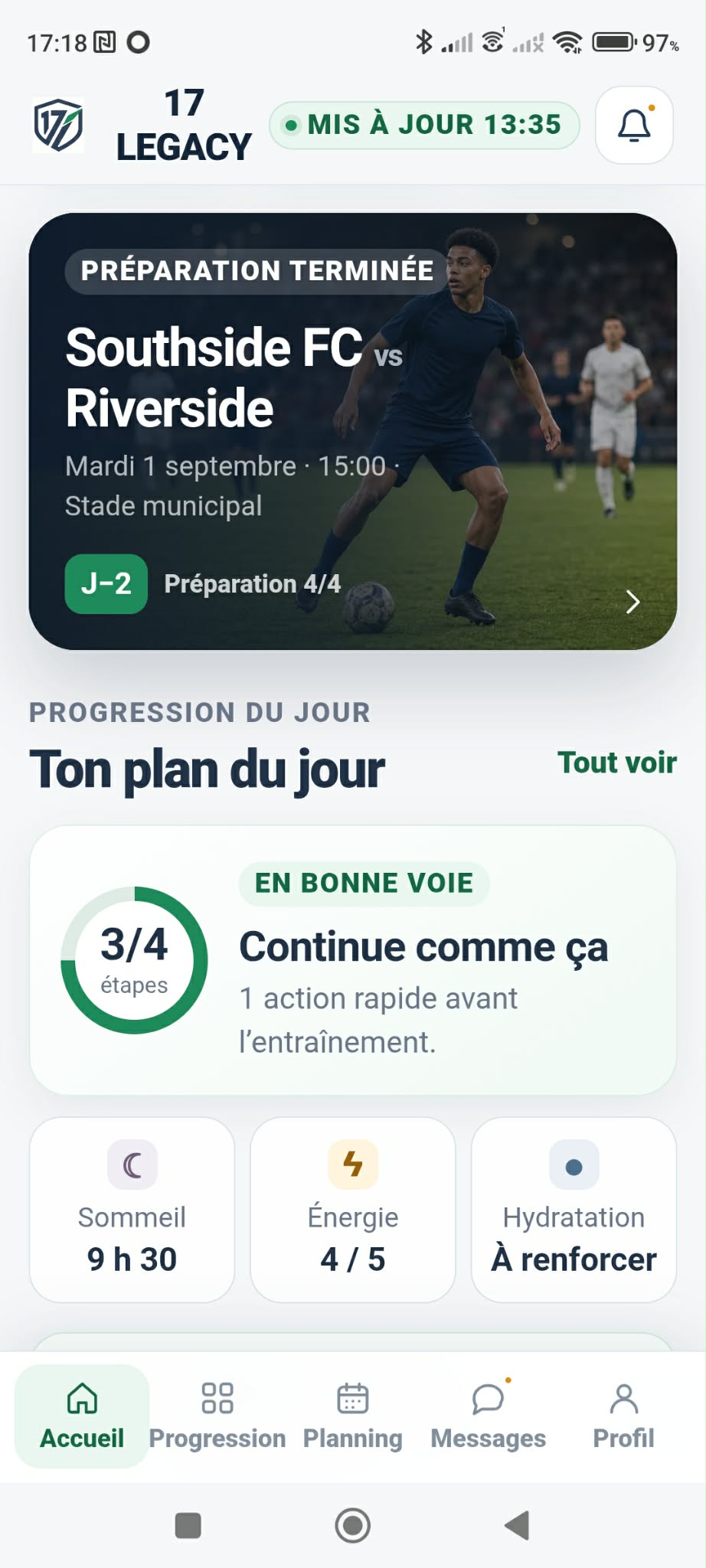 Capture de l’application 17 LEGACY — Plan du jour