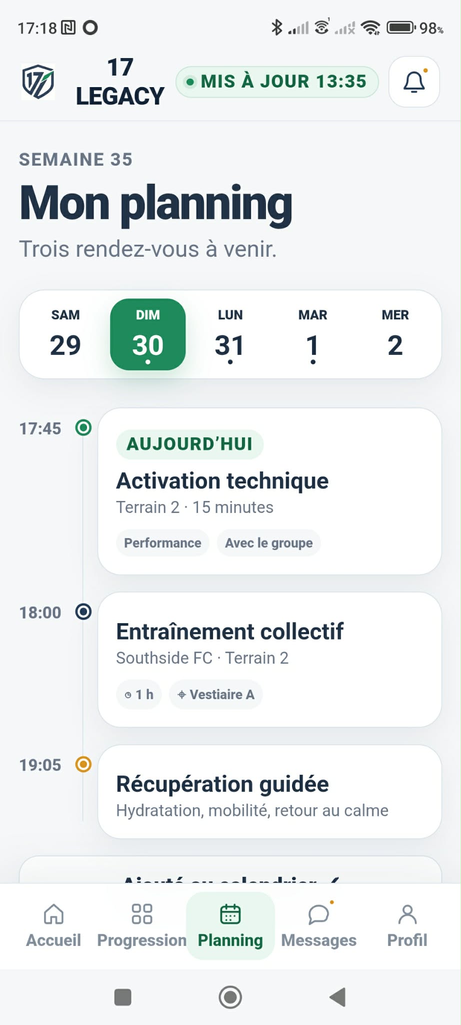 Capture de l’application 17 LEGACY — Planning
