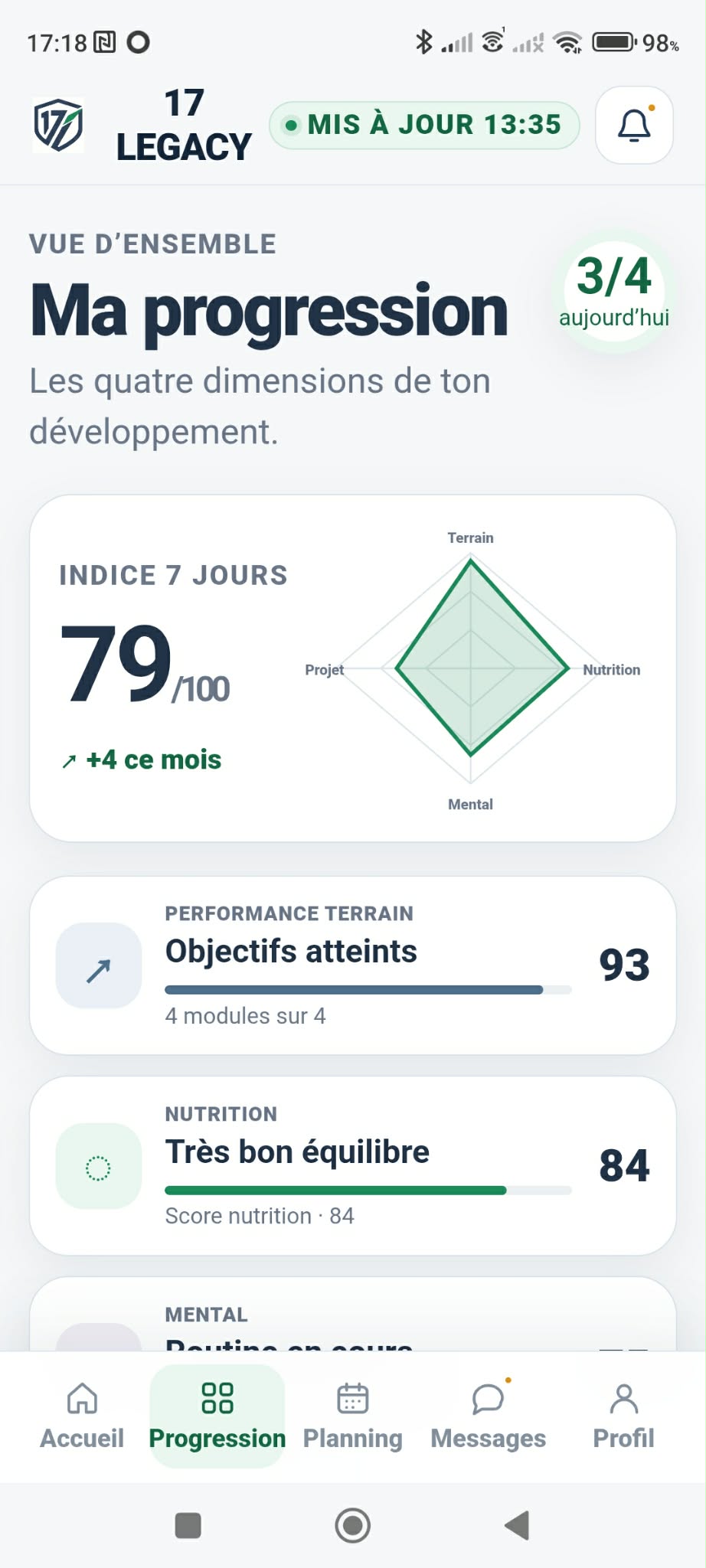Capture de l’application 17 LEGACY — Progression